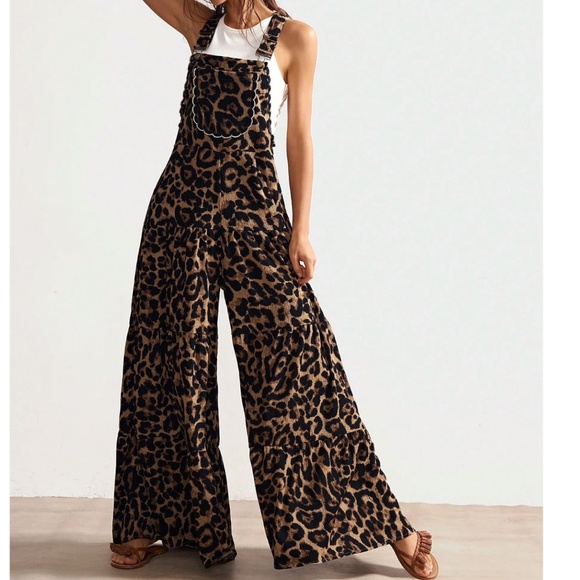Leopard Print Pocket Wide Leg Bib Overalls Jumpsuit - Picture 4 of 11